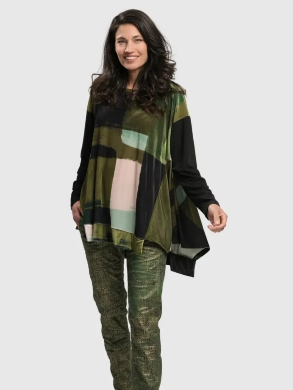 Alembika Trapeze Abstract Print Velvet Green Oversized Tunic Top Sz S(8-12) Boho